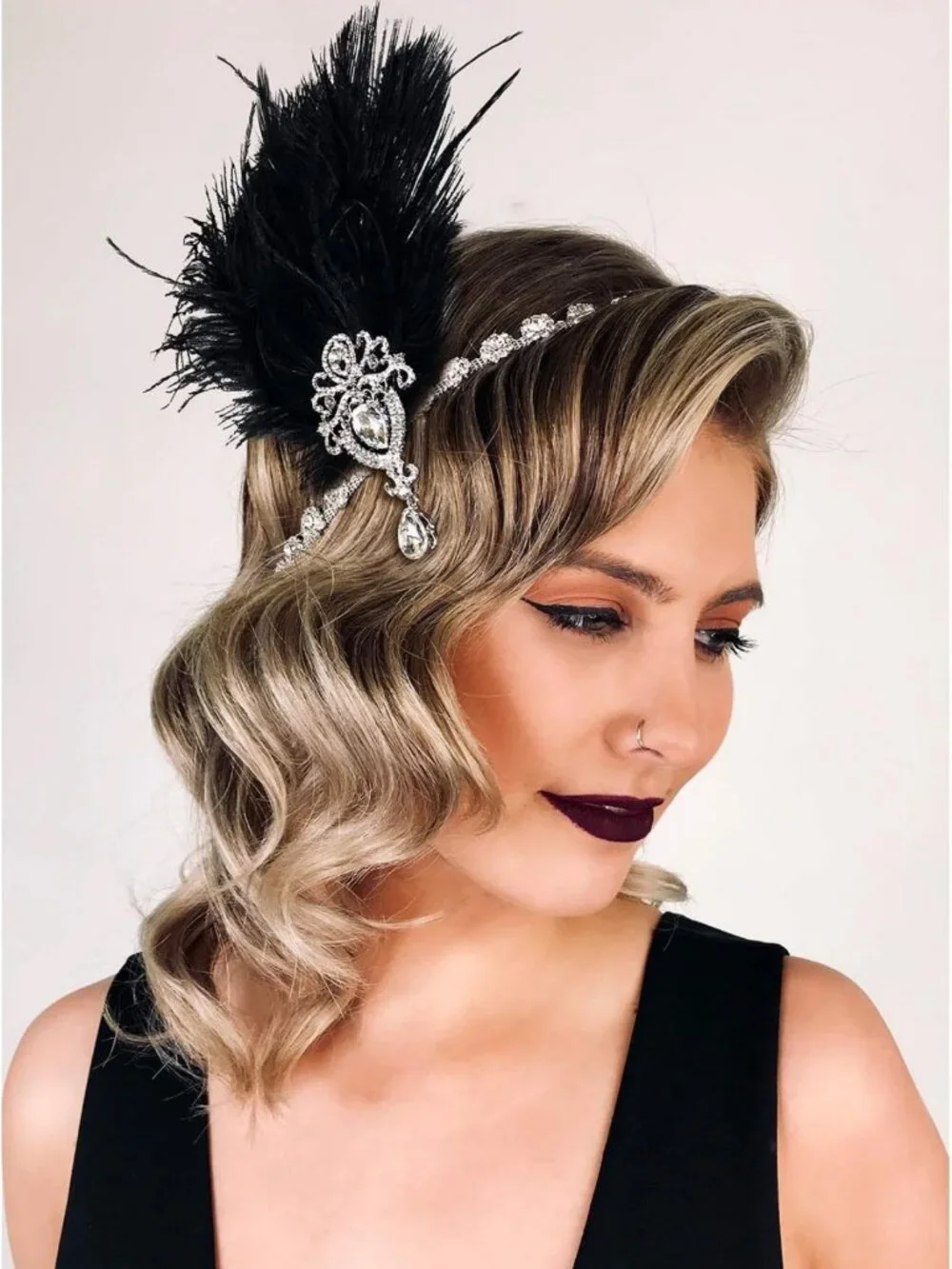 1920s Black Feather Headband with Crystals | Great Gatsby Hair Accessory for